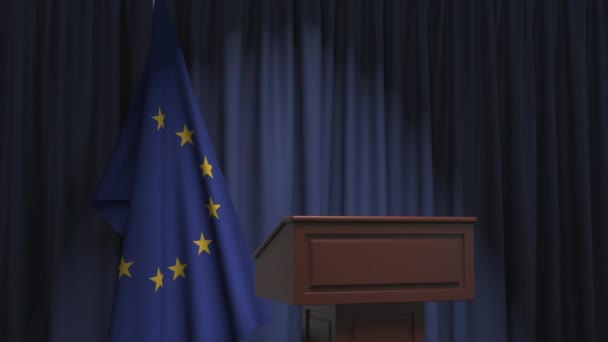 Europeiska unionens flagga och talarpodiet. Politisk händelse eller uttalande relaterad begreppsmässig 3D-animation — Stockvideo