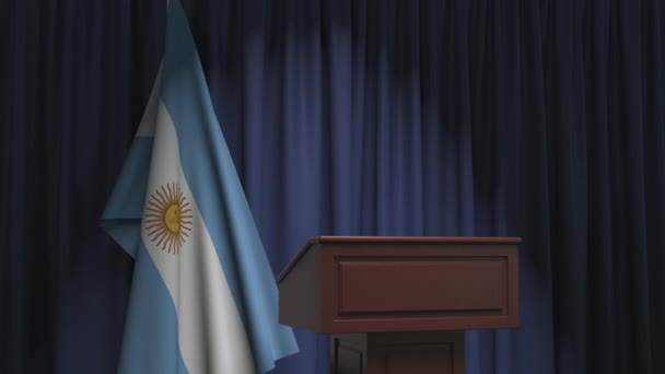 Bandera de Argentina y tribuna de oradores. Evento político o declaración relacionada con la animación conceptual 3D — Vídeos de Stock