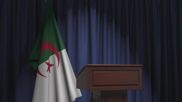 Flag of Algeria and speaker podium tribune. Political event or statement related conceptual 3D animation — Stock Video