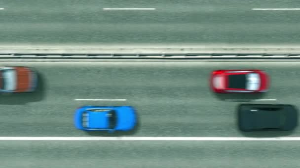 Εναέρια πάνω προς τα κάτω άποψη των αυτοκινήτων αποκαλύπτοντας σημαία της Ελβετίας στο δρόμο. Ταξιδεύοντας σχετικές εννοιολογικές 3d animation — Αρχείο Βίντεο