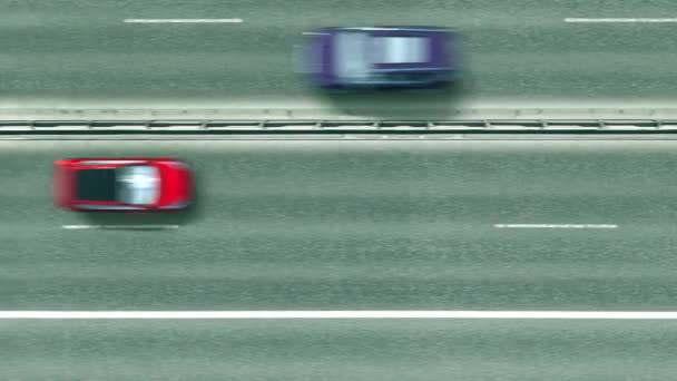 Vista aérea de arriba hacia abajo de los coches que revelan la bandera de Sudán en la carretera. Viajar relacionado con la animación conceptual 3D — Vídeo de stock