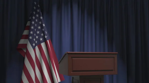 Birleşik Devletler bayrağı ve konuşmacı kürsüsü tribünü. Siyasi olay veya açıklamayla ilgili kavramsal 3d oluşturma — Stok fotoğraf