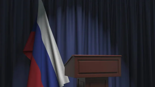 Rusya bayrağı ve hoparlör tribünü. Siyasi olay veya açıklamayla ilgili kavramsal 3d oluşturma — Stok fotoğraf