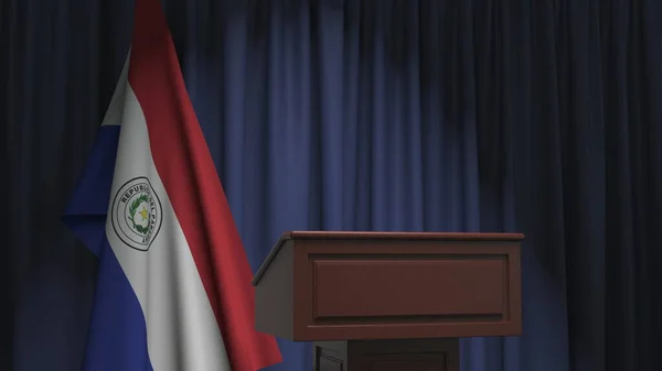 Flaga Paragwaju i trybuna podium mówców. Impreza polityczna lub oświadczenie związane z konceptualnym renderowaniem 3d — Zdjęcie stockowe