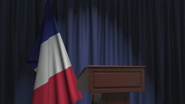 Drapeau national de France et tribune du podium des orateurs. Événement politique ou déclaration liée au rendu 3D conceptuel — Photo