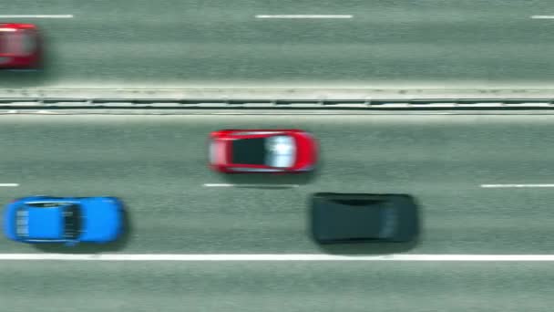 从空中俯瞰公路上暴露卡塔尔国旗的汽车。 旅行相关概念3D动画 — 图库视频影像