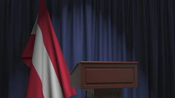 Flag of Austria and speaker podium tribune. Political event or statement related conceptual 3D rendering — ストック写真