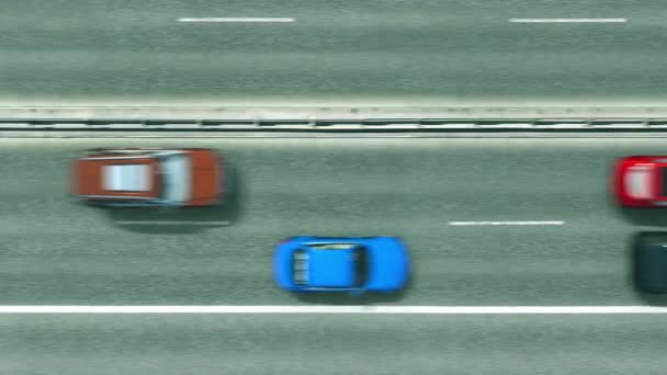 Вид сверху с воздуха на автомобили, открывающие флаг Соединенных Штатов на дороге. Путешествие по концептуальной 3D анимации — стоковое видео