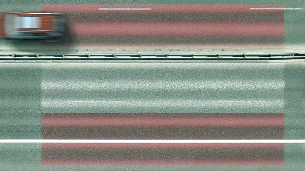 Vista aérea de cima para baixo de carros e bandeira da Áustria na estrada. Viajando relacionado renderização 3D conceitual — Fotografia de Stock