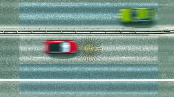 Αεροφωτογραφία πάνω προς τα κάτω των αυτοκινήτων και σημαία της Αργεντινής στο δρόμο. Ταξιδεύοντας σχετική εννοιολογική 3d απόδοση — Φωτογραφία Αρχείου
