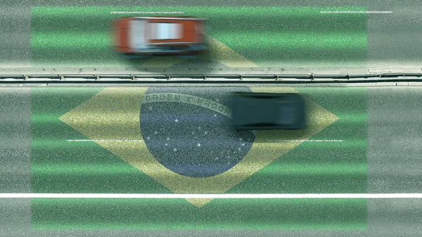 Vista aérea de arriba hacia abajo de los coches y la bandera de Brasil en la carretera. Viajar relacionado con la representación conceptual 3D — Foto de Stock