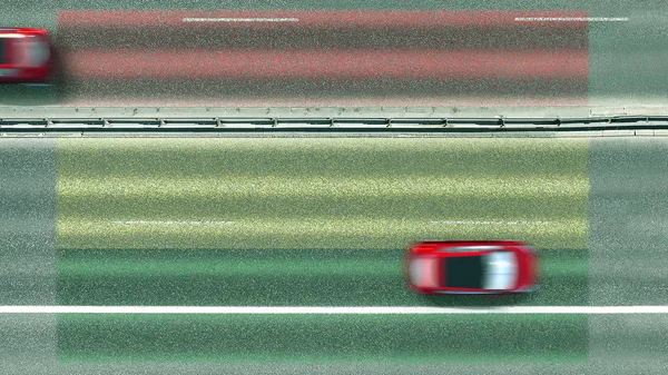 Bovenaanzicht vanuit de lucht van auto 's en de vlag van Bolivia op de weg. Reisgerelateerde conceptuele 3d-weergave — Stockfoto
