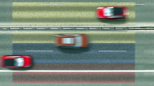 Vista aérea de arriba hacia abajo de los coches y la bandera de Colombia en la carretera. Viajar relacionado con la representación conceptual 3D —  Fotos de Stock