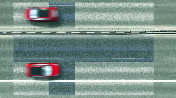 Vista aérea de cima para baixo de carros e bandeira da Finlândia na estrada. Viajando relacionado renderização 3D conceitual — Fotografia de Stock