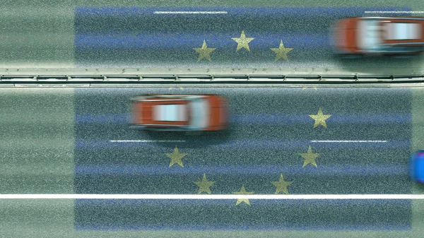 Luftaufnahme von oben auf Autos und Flagge der Europäischen Union auf der Straße. Reisen verwandte konzeptionelle 3D-Rendering — Stockfoto