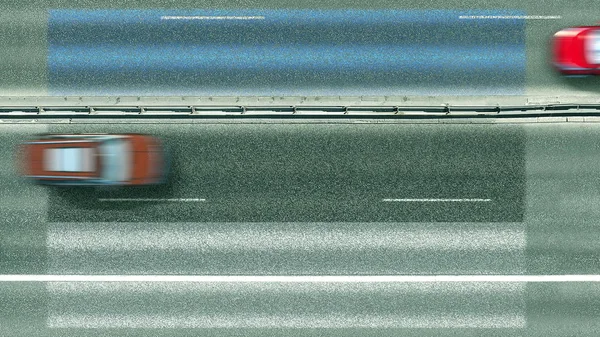 Letecký pohled shora dolů na automobily a vlajku Estonska na silnici. Cestování související konceptuální 3D vykreslování — Stock fotografie
