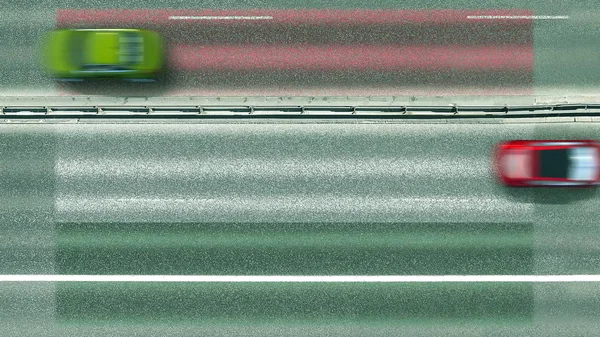 Vista aérea de cima para baixo de carros e bandeira da Hungria na estrada. Viajando relacionado renderização 3D conceitual — Fotografia de Stock