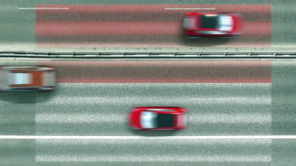 Bovenaanzicht vanuit de lucht van auto 's en vlag van Indonesië op de weg. Reisgerelateerde conceptuele 3d-weergave — Stockfoto