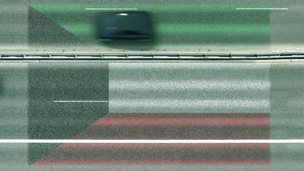 Vista aérea de arriba hacia abajo del coche y la bandera de Kuwait en el camino. Viajar relacionado con la representación conceptual 3D —  Fotos de Stock