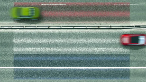 Bovenaanzicht vanuit de lucht van auto 's en vlag van Nederland op de weg. Reisgerelateerde conceptuele 3d-weergave — Stockfoto