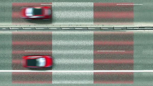 Vista aérea de cima para baixo de carros e bandeira do Peru na estrada. Viajando relacionado renderização 3D conceitual — Fotografia de Stock