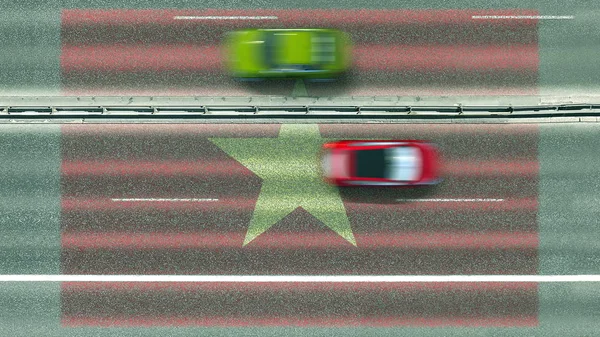 공중에서 아래로 보이는 것은 도로 위에 있는 베트남의 자동차와 깃발이다. 여행 관련 개념 3D 렌더링 — 스톡 사진