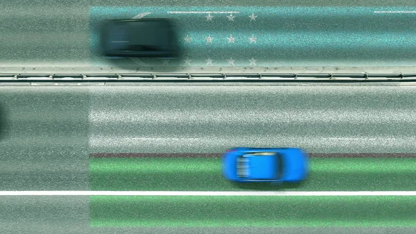 Αεροφωτογραφία πάνω προς τα κάτω των αυτοκινήτων και σημαία του Ουζμπεκιστάν στο δρόμο. Ταξιδεύοντας σχετική εννοιολογική 3d απόδοση — Φωτογραφία Αρχείου