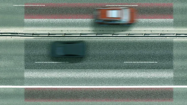 Vista aerea dall'alto verso il basso di auto e bandiera della Thailandia sulla strada. Rendering 3D concettuale in viaggio — Foto Stock