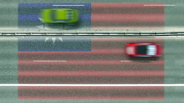 Εναέρια πάνω προς τα κάτω άποψη των αυτοκινήτων και τη σημαία της Ταϊβάν στο δρόμο. Ταξιδεύοντας σχετική εννοιολογική 3d απόδοση — Φωτογραφία Αρχείου