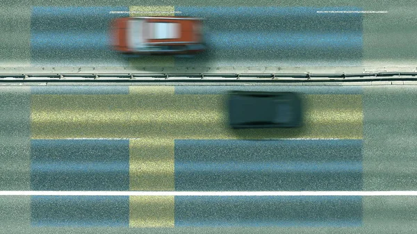 Εναέρια πάνω προς τα κάτω άποψη των αυτοκινήτων και σημαία της Σουηδίας στο δρόμο. Ταξιδεύοντας σχετική εννοιολογική 3d απόδοση — Φωτογραφία Αρχείου