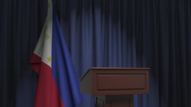 Flag of Philippines and speaker podium tribune. Political event or statement related conceptual 3D animation — ストック動画