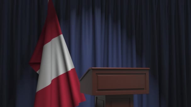 Flag of Peru and speaker podium tribune. Political event or statement related conceptual 3D animation — ストック動画