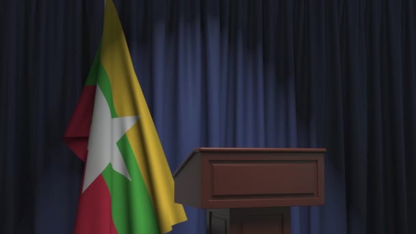 Bandeira nacional de Myanmar e tribuno do pódio do orador. Evento político ou declaração relacionada animação 3D conceitual — Vídeo de Stock