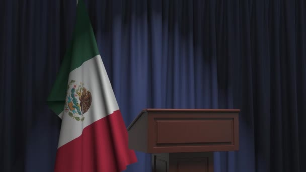 Государственный флаг Мексики и трибуна спикера. Политические события или заявления, связанные с концептуальной 3D анимацией — стоковое видео
