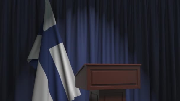 Bandiera nazionale della Finlandia e tribuna del podio degli oratori. Manifestazione politica o dichiarazione relativa all'animazione concettuale 3D — Video Stock