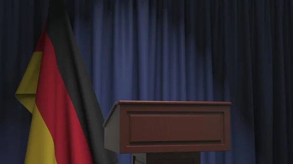 Bendera nasional Gemany dan speaker podium tribune. Peristiwa politik atau pernyataan terkait rendering 3D konseptual — Stok Foto