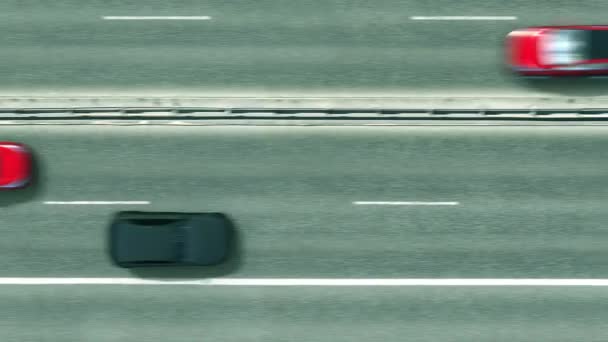 Вид сверху с воздуха на машины, открывающие флаг Вьетнама на дороге. Путешествие по концептуальной 3D анимации — стоковое видео