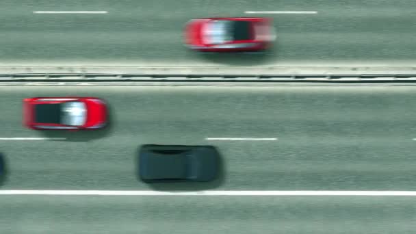 Vista aérea de arriba hacia abajo de los coches que revelan la bandera de Corea del Norte en la carretera. Viajar relacionado con la animación conceptual 3D — Vídeo de stock