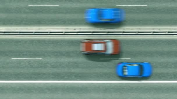 Vista aérea de arriba hacia abajo de los coches que revelan la bandera de Omán en la carretera. Viajar relacionado con la animación conceptual 3D — Vídeos de Stock