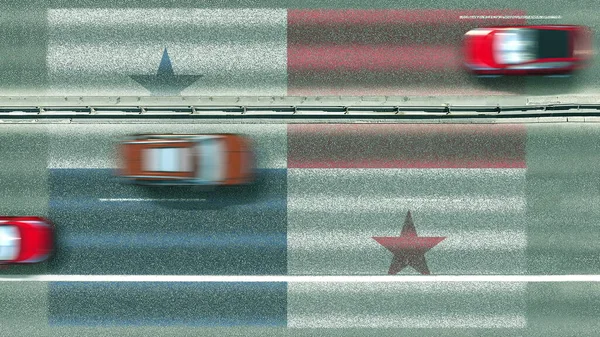 Αεροφωτογραφία πάνω προς τα κάτω των αυτοκινήτων και σημαία του Παναμά στο δρόμο. Ταξιδεύοντας σχετική εννοιολογική 3d απόδοση — Φωτογραφία Αρχείου