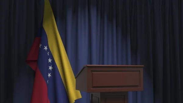 Bandera de Venezuela y tribuna hablante podium. Evento político o declaración relacionada con la representación conceptual 3D — Foto de Stock