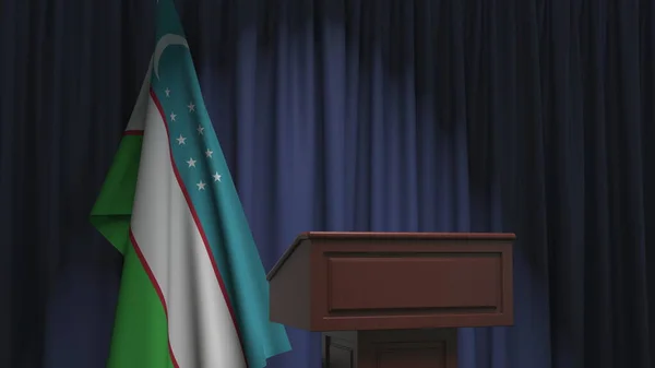 Bandera de Uzbekistán y tribuna hablante del podio. Evento político o declaración relacionada con la representación conceptual 3D — Foto de Stock