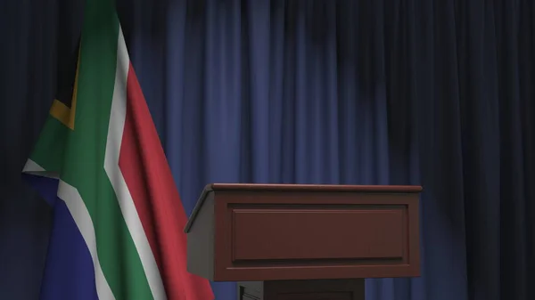 Bandeira nacional da África do Sul e tribuno orador. Evento político ou declaração relacionada com a renderização 3D conceitual — Fotografia de Stock