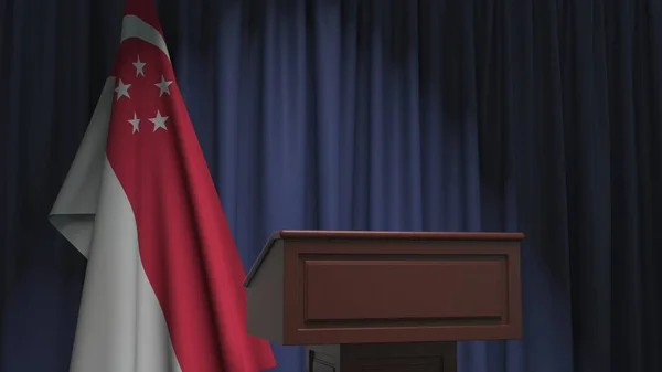 Nationell flagga Singapore och högtalarpodium tribun. Politisk händelse eller uttalande relaterad begreppsmässig 3d-återgivning — Stockfoto