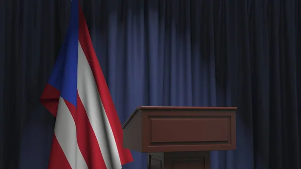 Flag of Puerto Rico and speaker podium tribune. Politická událost nebo prohlášení související konceptuální 3D vykreslování — Stock fotografie