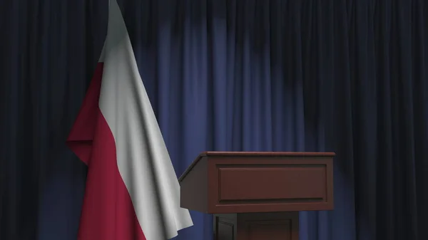Σημαία Πολωνίας και ομιλητής podium tribune. Πολιτικό γεγονός ή δήλωση σχετική εννοιολογική 3d απόδοση — Φωτογραφία Αρχείου