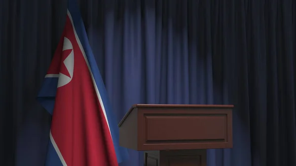 Bandera nacional de Corea del Norte y tribuna de altavoces. Evento político o declaración relacionada con la representación conceptual 3D —  Fotos de Stock