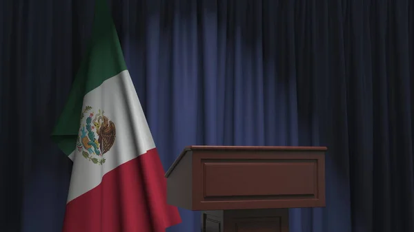 Государственный флаг Мексики и трибуна спикера. Политическое событие или заявление, связанное с концептуальным 3D рендерингом — стоковое фото