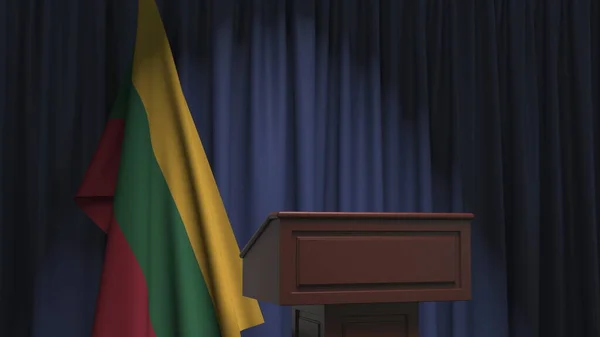 Drapeau national de Lituanie et tribune du podium des orateurs. Événement politique ou déclaration liée au rendu 3D conceptuel — Photo