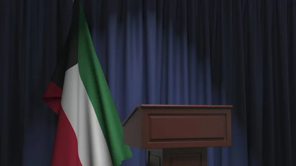 Флаг Кувейта и трибуна спикера. Политическое событие или заявление, связанное с концептуальным 3D рендерингом — стоковое фото